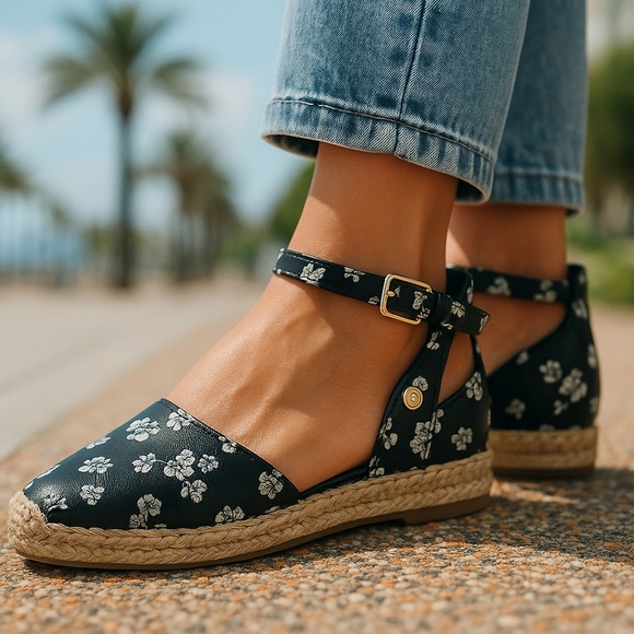 GUESS Black & White Floral Espadrilles – Size 6.5 – Ankle Strap Sandals – NWT‎ - Picture 1 of 6